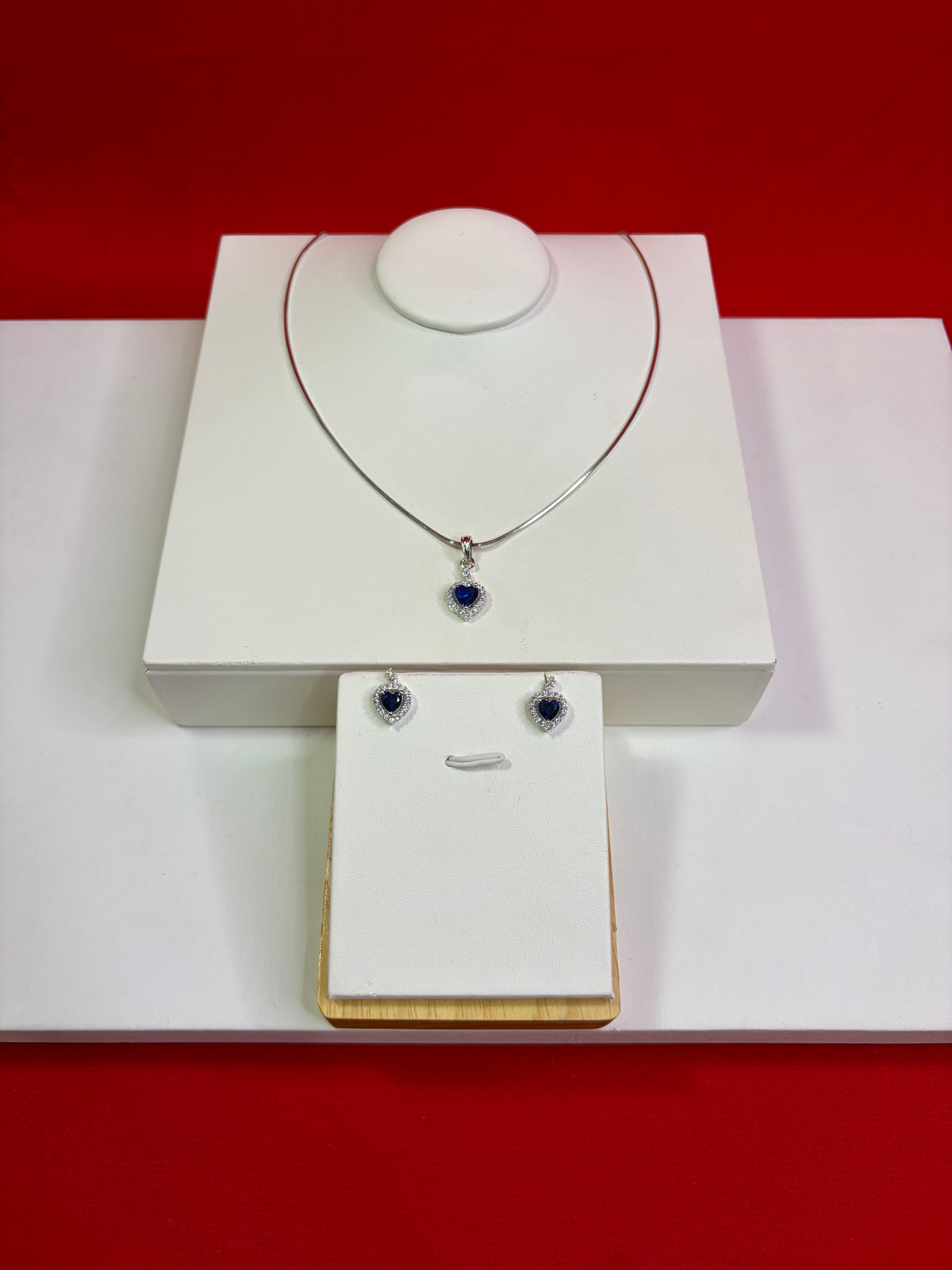 Pure Silver Navy Blue Elevated Heart Pendant Set (WN152)