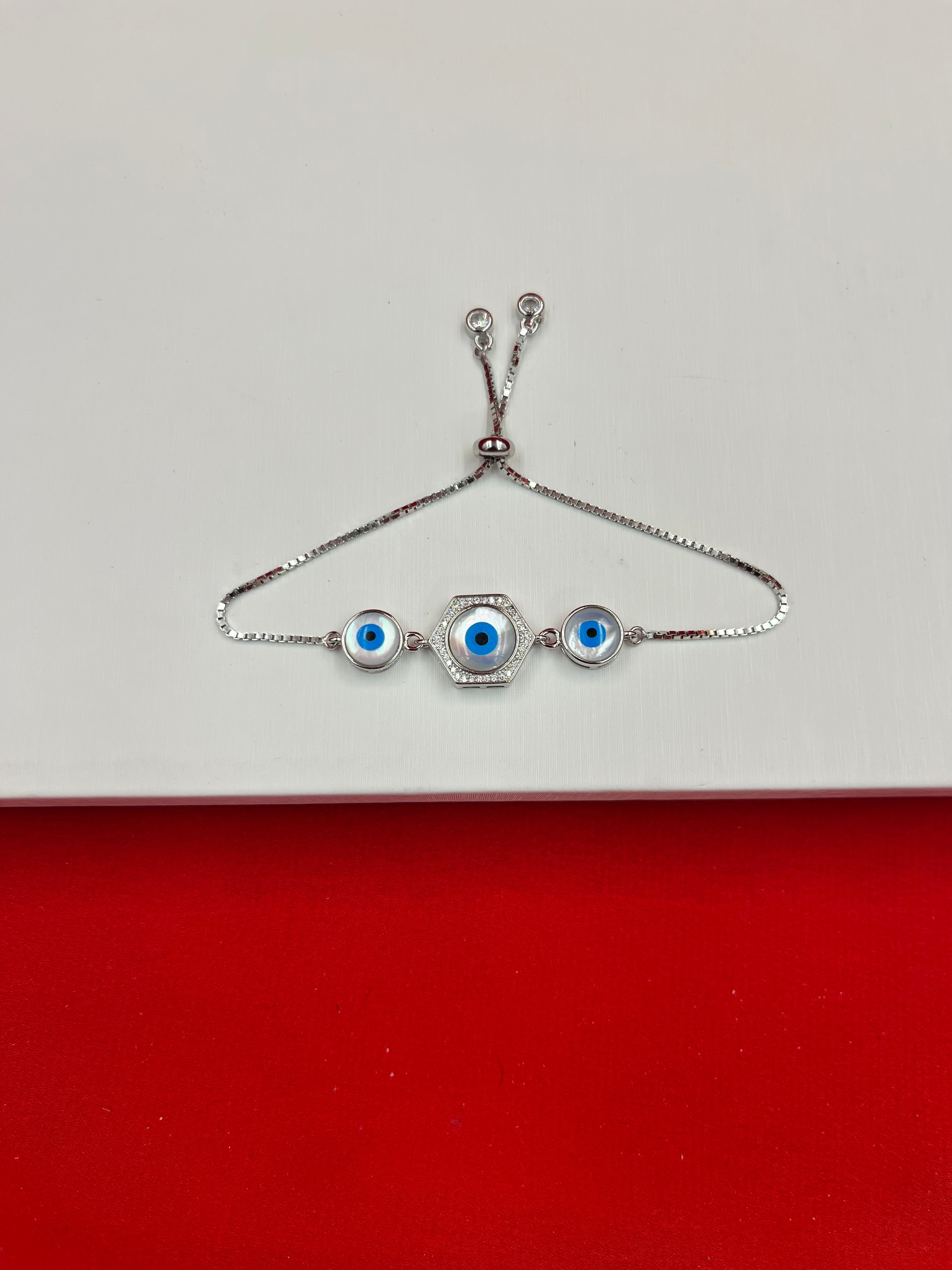 Silver Honeycomb Evil Eye Adjustable Bracelet