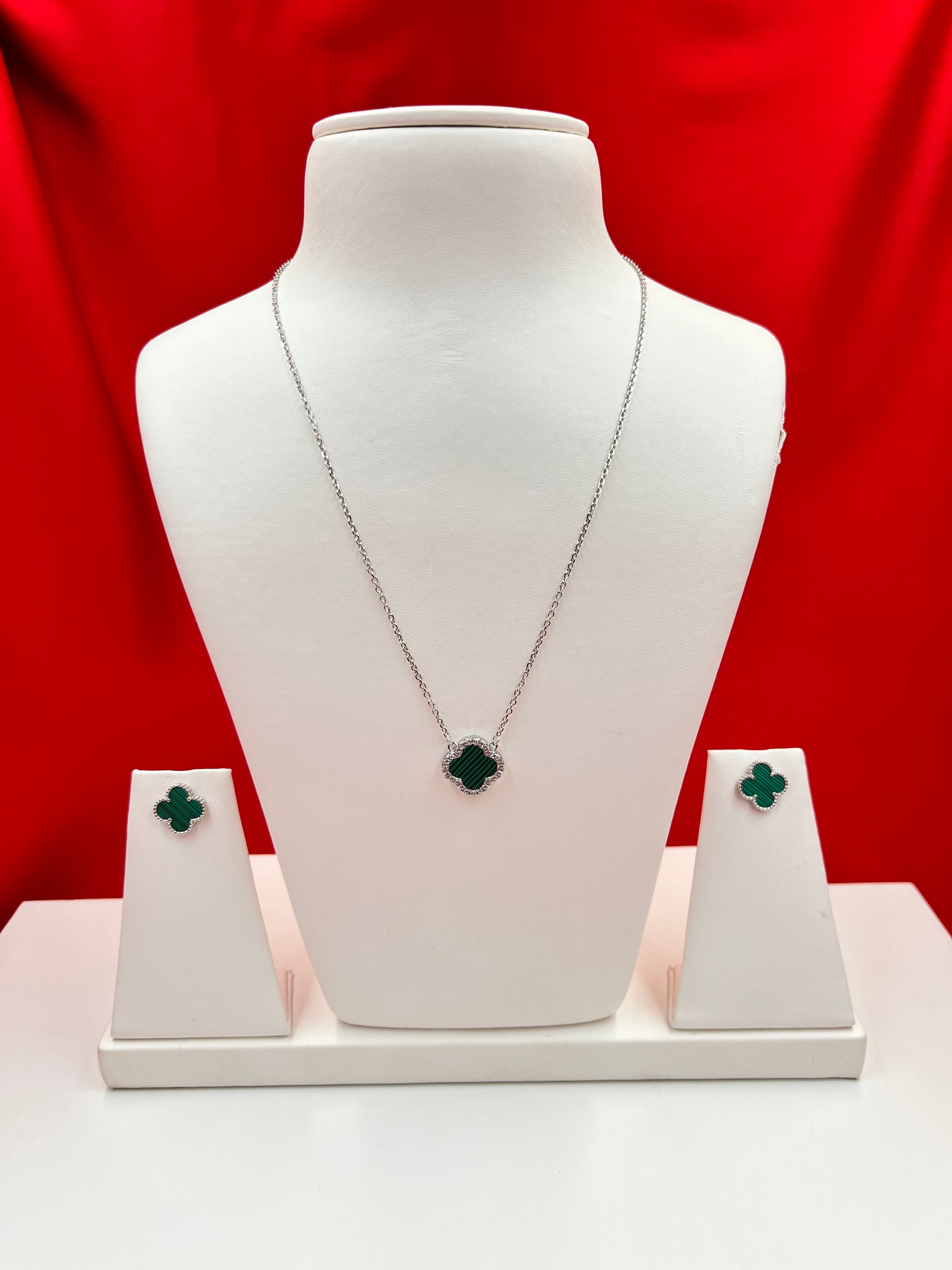 Green Clover Leaf Necklace & Earrings Set